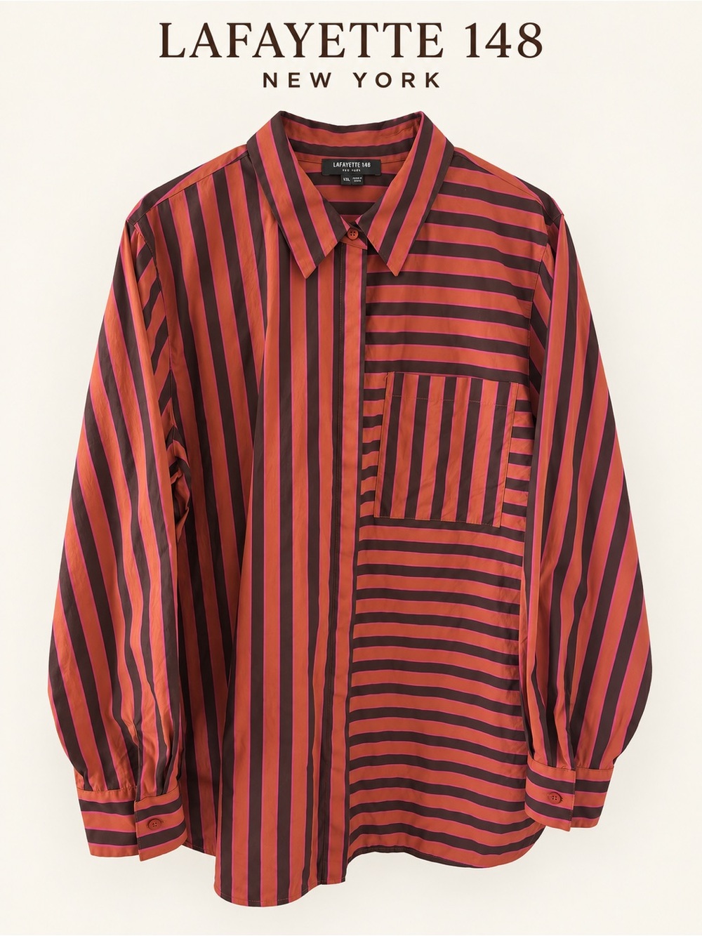 EUC Lafayette 148 New York Mixed Striped Button Down Blouse XXL Brown Magenta